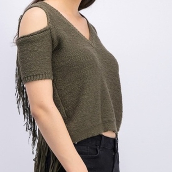 BCBGMaxAzria Olive Fringe Knit Cold Shoulder Blouse - Picture 1 of 5